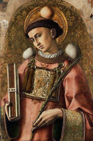 Saint Stephen, 1476, Carlo Crivelli; the saint is depicted with his attributes: rocks, a deacon's robe, a palm and a book. (National Gallery)